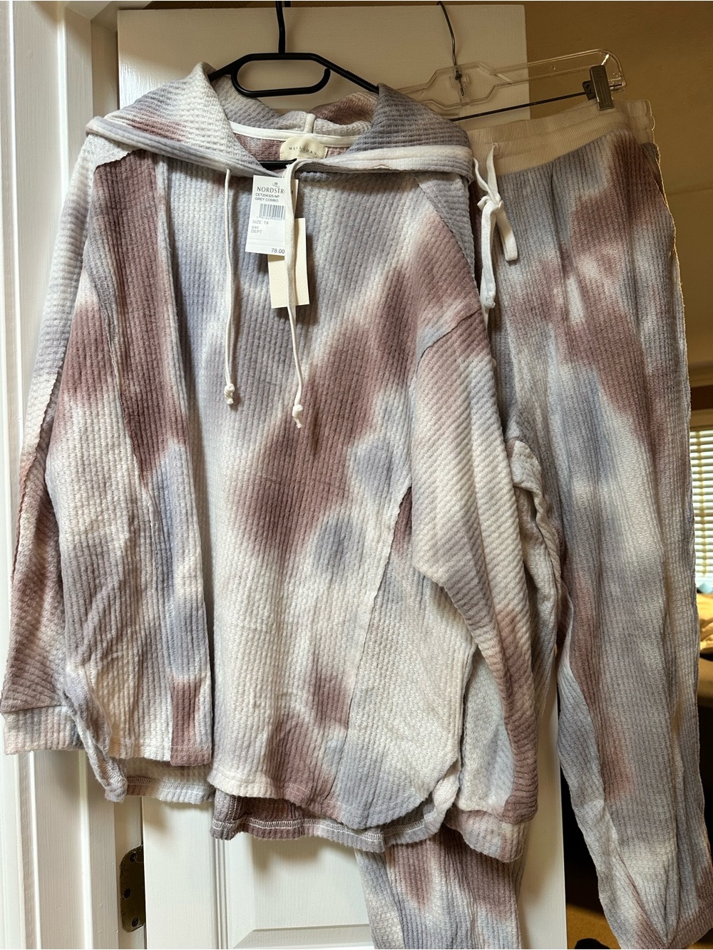 Cozy Tie-Dye Waffle Knit Lounge Set - Dusty Rose/Blue